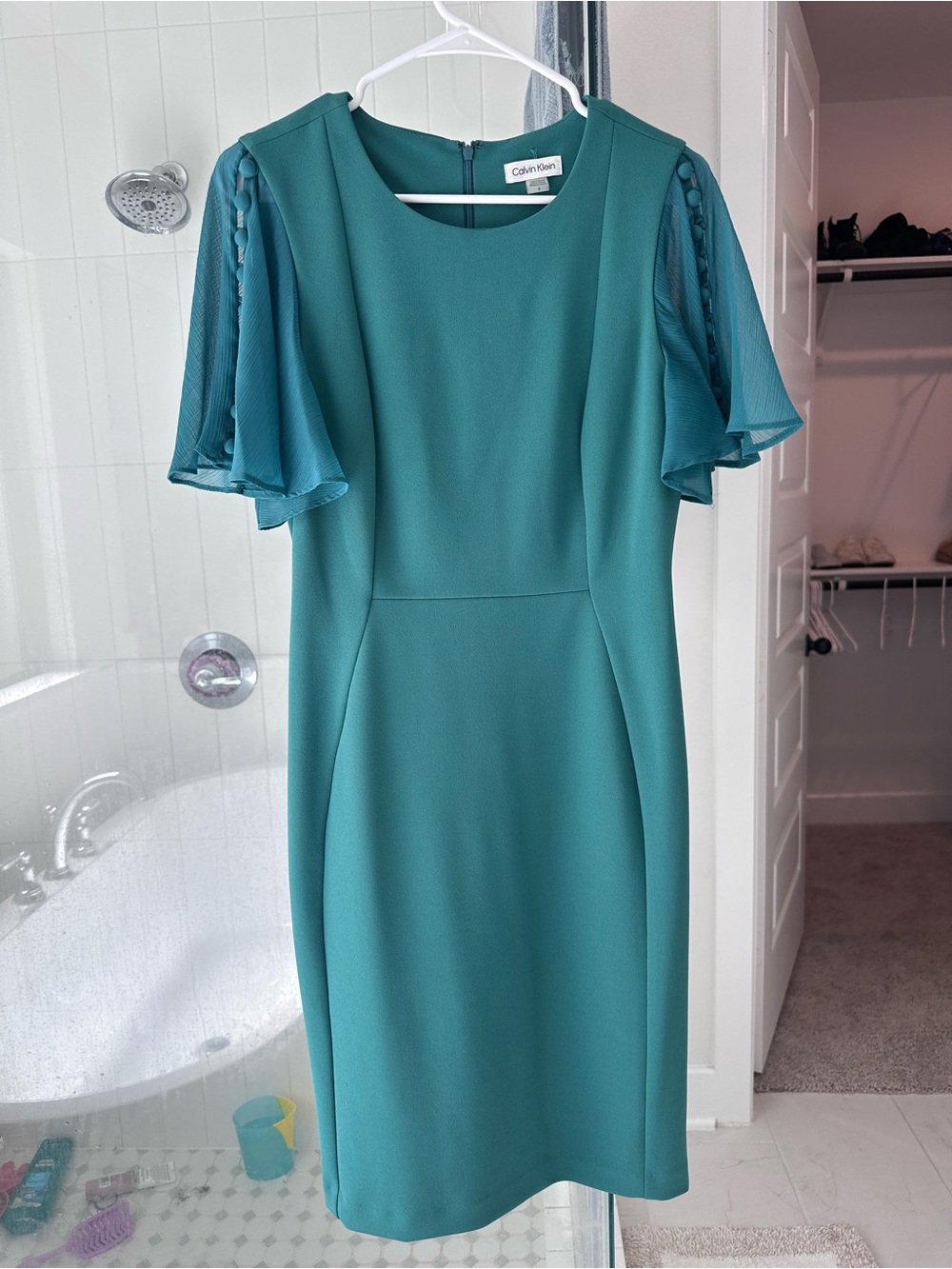 Calvin Klein Teal Midi Sheath Dress with Flutter Sleeves